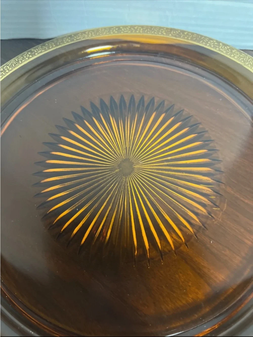 Vintage Amber Glass Serving Platter with Gold-Tone Rim